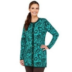 NWT Isaac Mizrah Live Damask Jacguard Sweater Coat Jade Green Long  Size XL